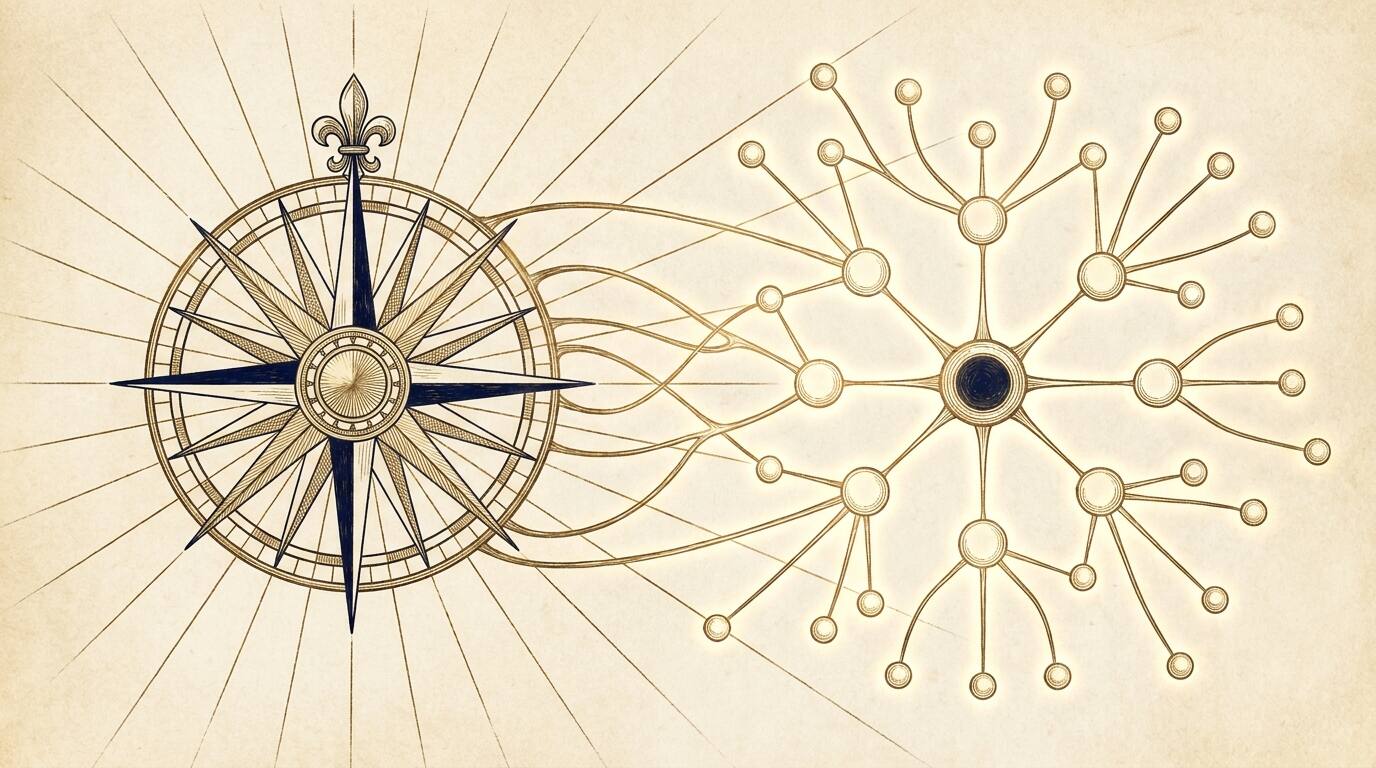 An engraved compass rose transforming into a connected network of memory nodes