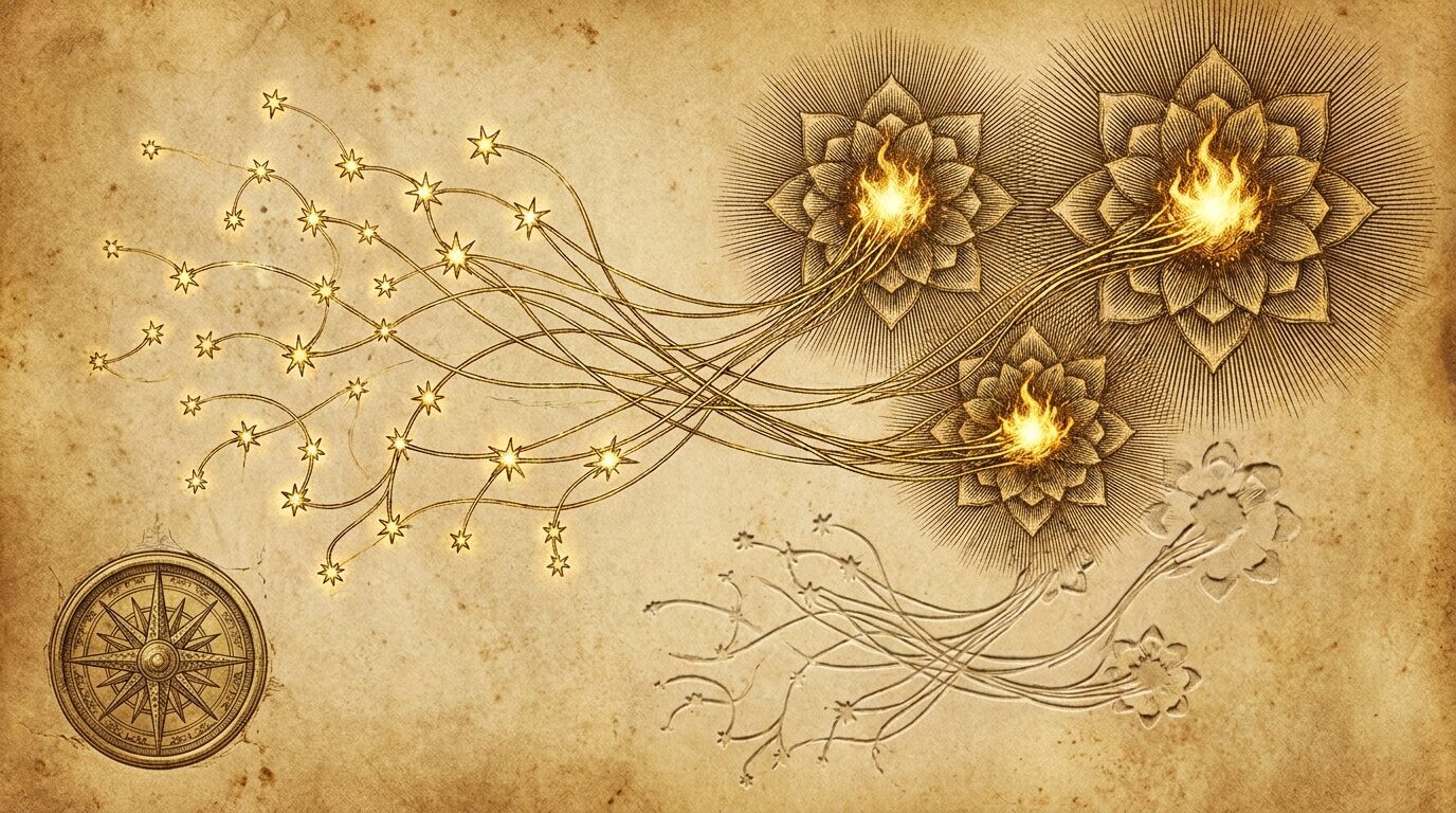 Scattered star-nodes on the left drawn along golden threads into three burning rosette constellations on the right; below them the same rosettes appear again as colourless impressions embossed into the paper — the originals archived, not erased