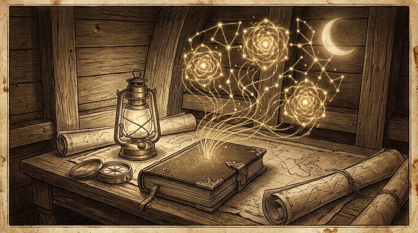 A ship captain's night cabin — the log book closed beside a brass lamp and compass, its memories rising as golden filaments that gather into three glowing constellation rosettes beneath a crescent moon