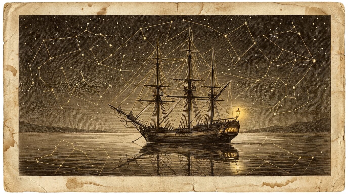 A tall ship at anchor on still water under a night sky whose stars are joined into constellation networks mirrored in the water below