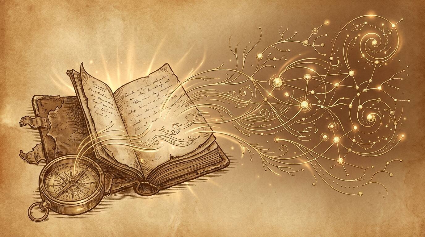 A captain's logbook and brass compass, its handwritten ink streaming into a glowing network of connected nodes — an old ship's log becoming Captain Memo's AI memory