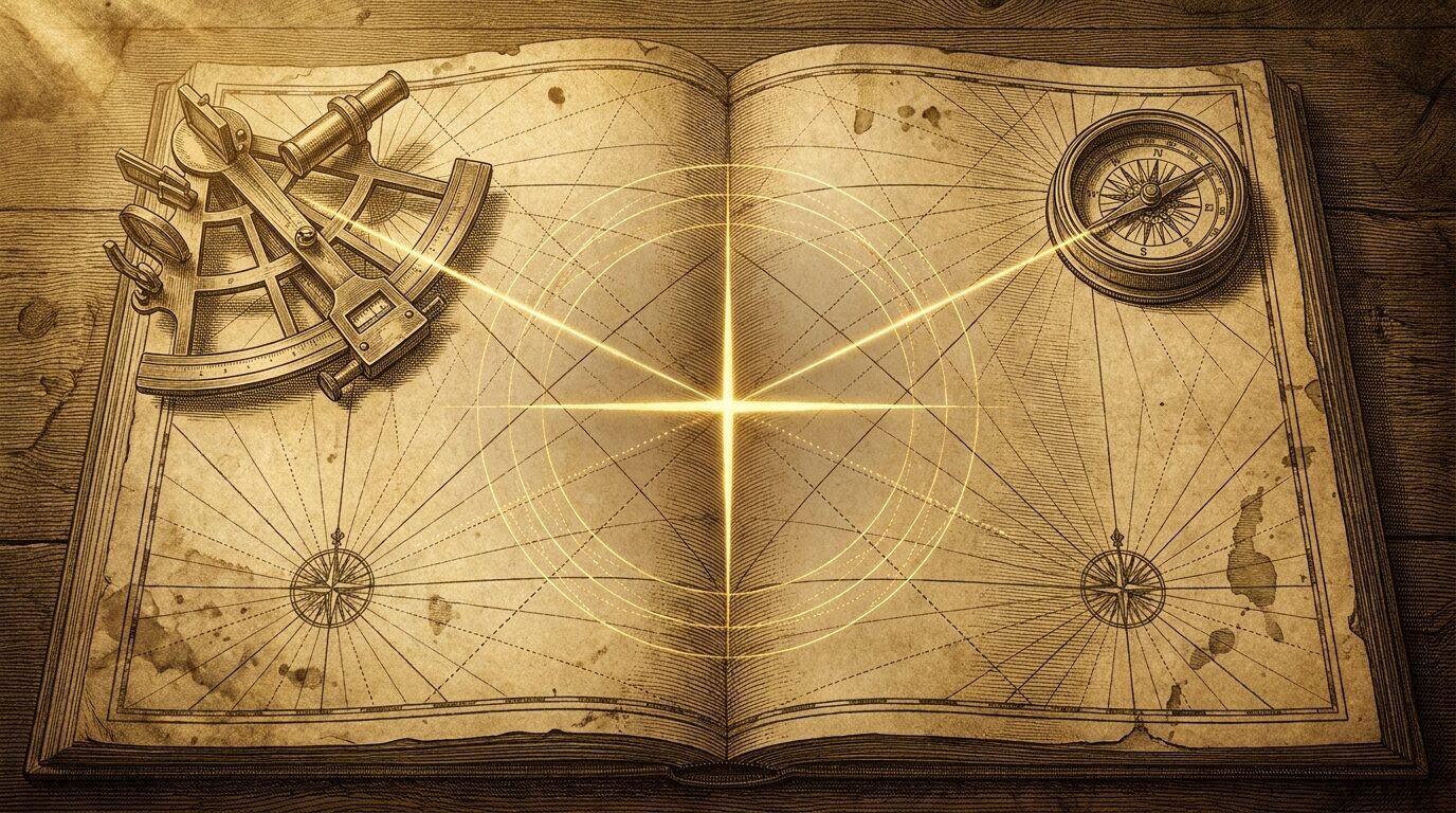 A sea chart with a sextant and a bearing compass, a line of sight from each crossing at a single glowing point — two readings, one fix