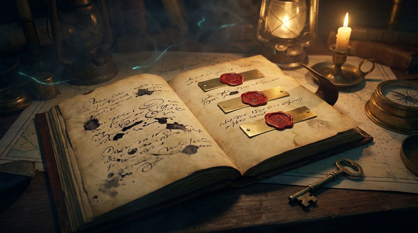 An open logbook by lantern light: most lines stay readable, a few are sealed under brass plates with red wax, and an old key lies beside it