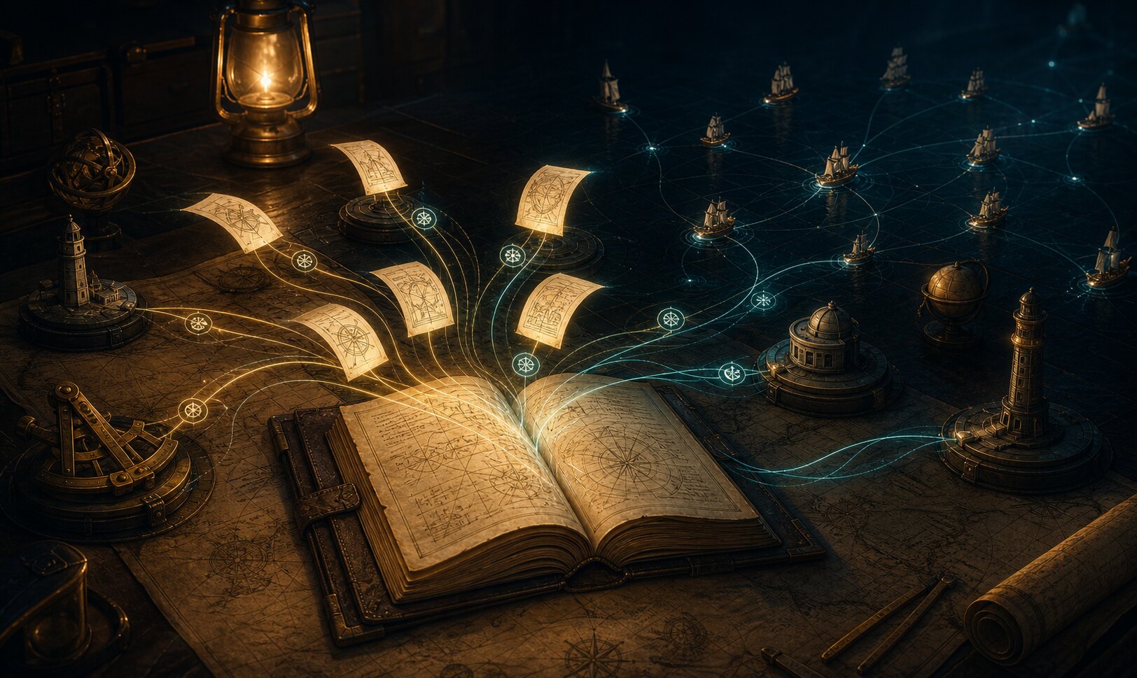An open captain's log on a night chart table, receiving illuminated instruction pages and routing their knowledge along brass and teal paths to a fleet of ships